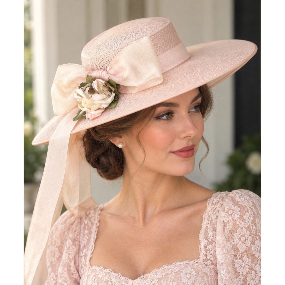 Vintage 1950s Pink Dress Hat Wide Brim Floral Bow Ribbon Hard Rimmed Formal